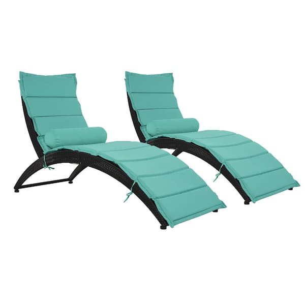 AUTMOON Black Wicker PE Patio Rattan Foldable Sun Lounge Chair, With Removable Turquoise Cushion and Pillow (2-Pack)