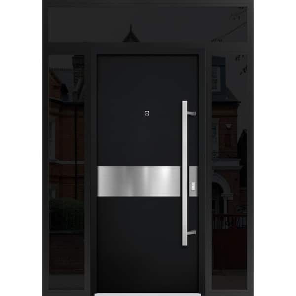 VDOMDOORS 6072 60 in. x 96 in. Left-hand/Inswing 3 Sidelights Black Enamel Steel Prehung Front Door with Hardware