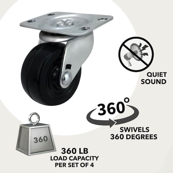 2 in. Black Soft Rubber and Steel Swivel Plate Caster with 90 lb. Load Rating