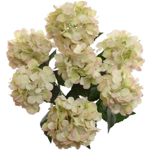 Larksilk 20 in. Green Pink Artificial Silk Hydrangea Centerpieces Bush 7 Realistic Head Home Decor Plant Arrangement, (Set of 2)