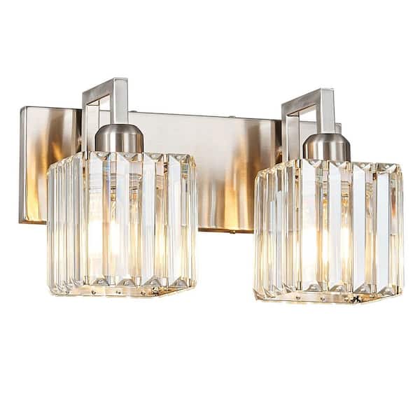 Home Lighting 12.59 in. 2-Light Sand Nickel Modern Crystal Bathroom Vanity Light Bathroom Wall Sconces Fixtures (JW-002)