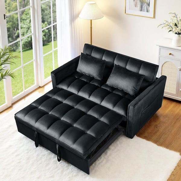 Casual 3-in-1 Convertible Sleeper Loveseat 51 in. W. Black Suede Pull Out Twin Size Sofa Bed with 2 Pillows