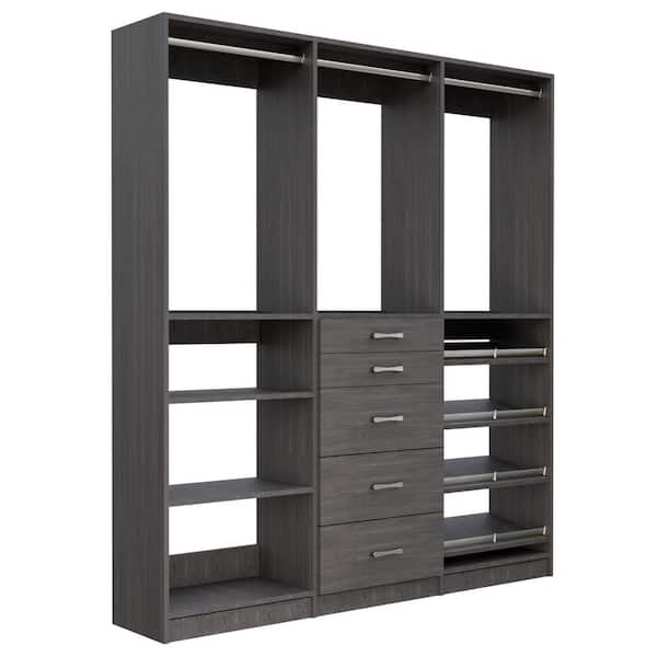 Alto Collection 99 in. W Grey Wall Mounted Hang w Shelves, 5-Drawer w Hang, Hang w Shoe Shelves Wood Closet System