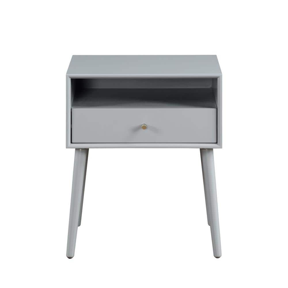 Gray 1-Drawer Nightstand with Open Storage Shelf and Solid Wood Legs for Be