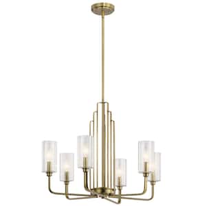 Kimrose 27 in. 6-Lights Brushed Natural Brass Art Deco Candlestick Cylinder Chandelier for Dining Room