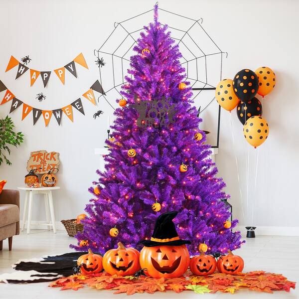 Costway 7ft Pre-Lit Purple Halloween Christmas Tree w/ Orange Lights Pumpkin Decorations
