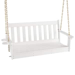 54 in. HDPE Plastic Porch Patio Swing Outdoor Hanging Chair with Cup Holder Adjustable Chain