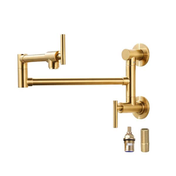 VEVETTA Wall Mounted Pot Filler 2-Handles Kitchen Faucet with 360° Spout Swivel in Brushed Gold