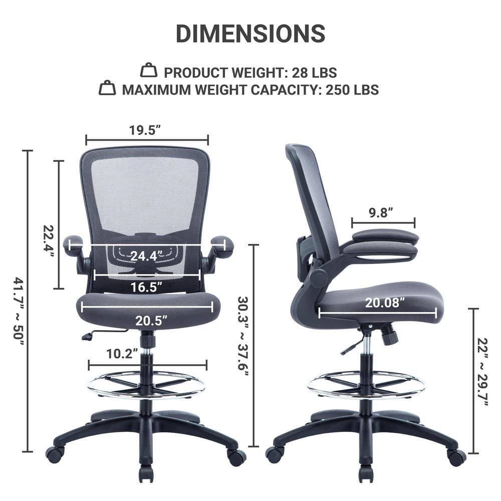 Gray High Desk Ergonomic Drafting Tall Office Chair for Standing Desk with Flip-Up Arms, Breathable Mesh - Thumbnail 5