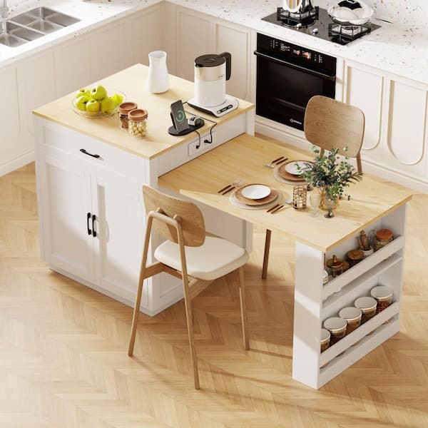 Oasis White Wood 82.7 in. Kitchen Island with Extendable Dining Table for 4-6 Person, 2-tone Kitchen Table