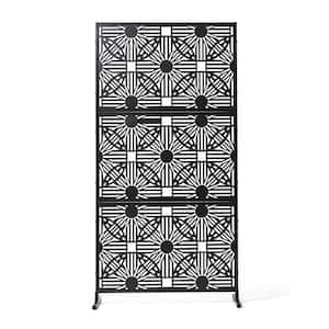 71.5 in. H Black Galvanized Steel Garden Fence Floral Pattern Privacy Screen Panel Room Divider with Riser Feet