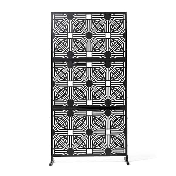 Glitzhome 71.5 in. H Black Galvanized Steel Garden Fence Floral Pattern Privacy Screen Panel Room Divider with Riser Feet