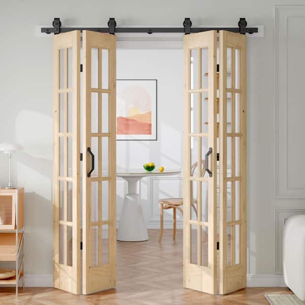 48 in. x 84 in. 1 Lite Pre Assembled Clear Glass Solid Core Wood Brown Bi-Fold Door with Hardware