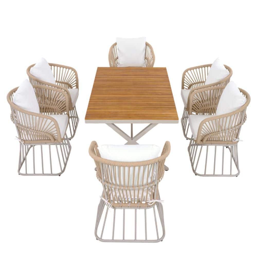7-Piece Solid Wood Outdoor Dining Conversation Patio Furniture Set with Beige Cushions