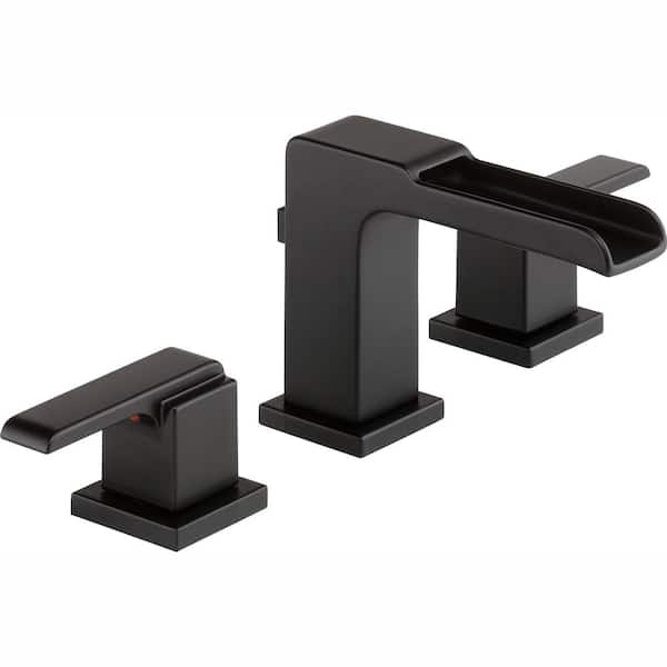 Delta Ara 8 in. Widespread 2-Handle Bathroom Faucet with Channel Spout and Metal Pop-Up in Matte Black