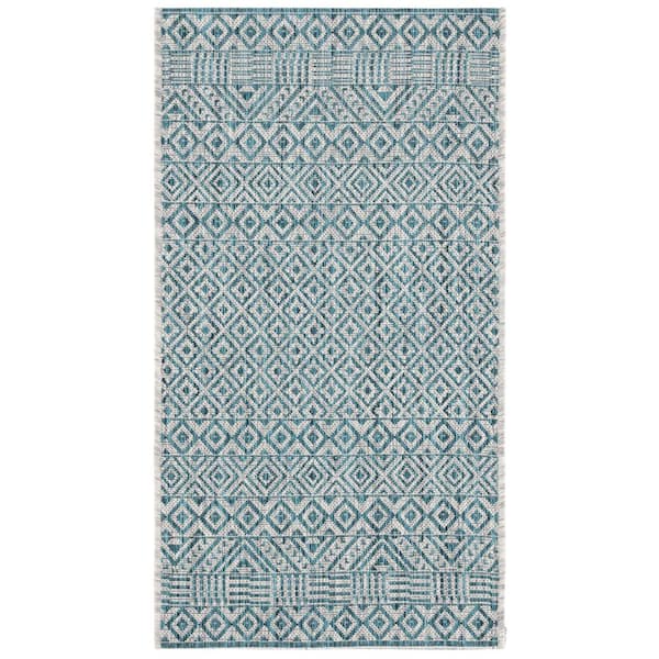 Courtyard Gray/Aqua 2 ft. x 4 ft. Geometric Diamond Indoor/Outdoor Area Rug