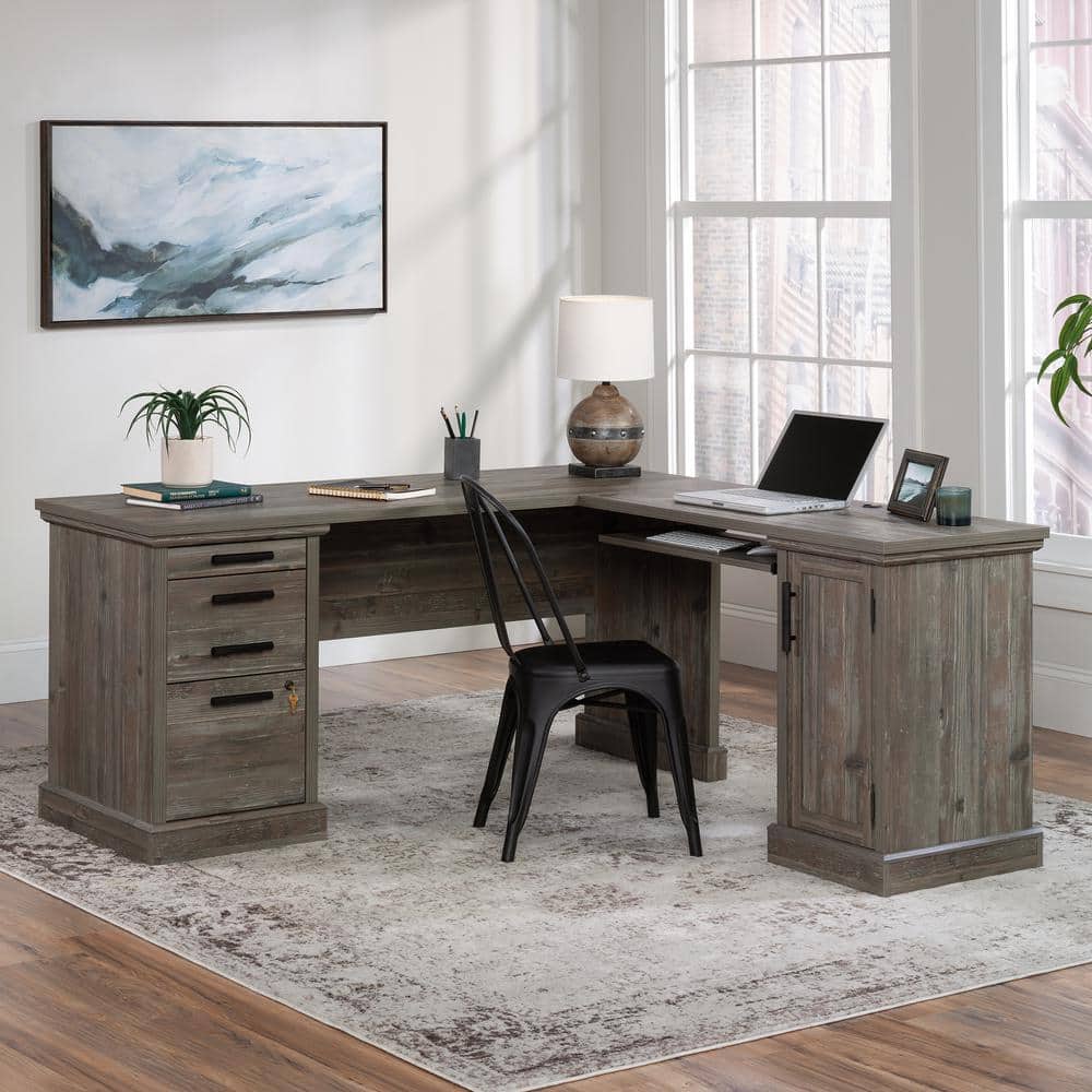 66" Brown Wood L-Shaped Desk with Drawers and Keyboard Tray