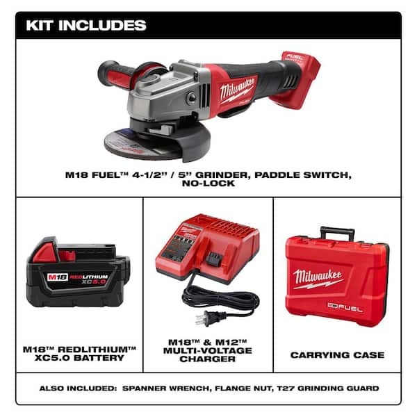 Milwaukee M18 FUEL 18V Lithium Ion Brushless Cordless 4 1 2 in. 5 in. Grinder with Paddle Switch Kit One 5.0 Ah Batteries 2780 21 The Home Depot