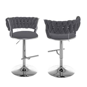 Tory 24 in. to 32 in. Upholstered Dark Grey Low Back Metal Frame Adjustable Bar Stool with Velvet Fabric (Set of 2)