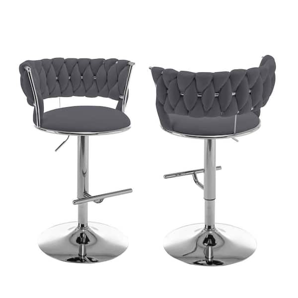 Best Quality Furniture Tory 24 in. to 32 in. Upholstered Dark Grey Low Back Metal Frame Adjustable Bar Stool with Velvet Fabric (Set of 2)