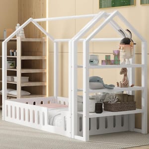 White Wood Frame Twin Size House Platform Bed, Floor Bed with Fence Bedrails, Detachable Storage Shelves
