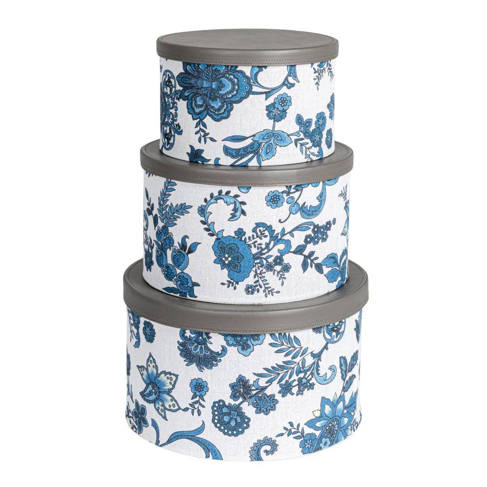 Cream and Blue Floral Nestable Hat Boxes with Faux Leather Lids, Set of 3