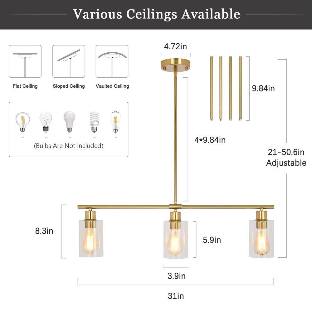 Gold Linear Pendant Light with Clear Glass Shades