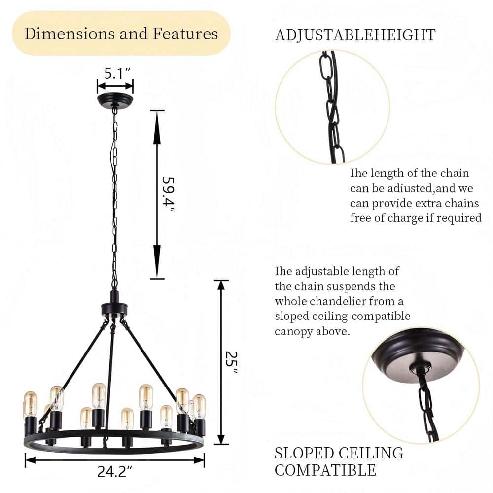 Black Metal 12-Light Wagon Wheel Chandelier with Candle Bulbs
