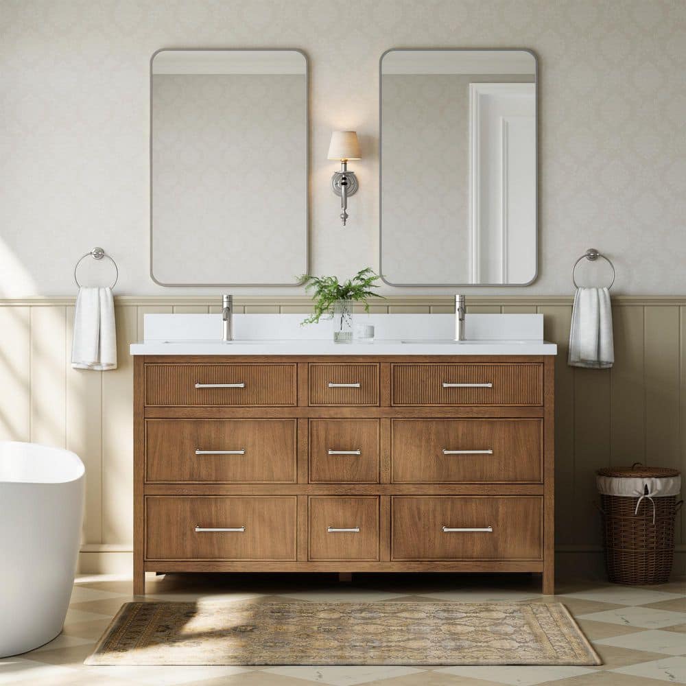 Isola 60 in. Double Freestanding Toasted Walnut with Brushed Nickel Trim Bath Vanity with White Quartz Top price history on PriceWatchPro