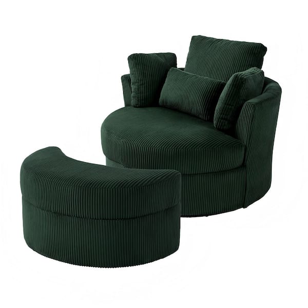 Green Corduroy Fabric Upholstered Swivel Accent Barrel Chair with Storage Ottoman and Pillows (Set of 1)