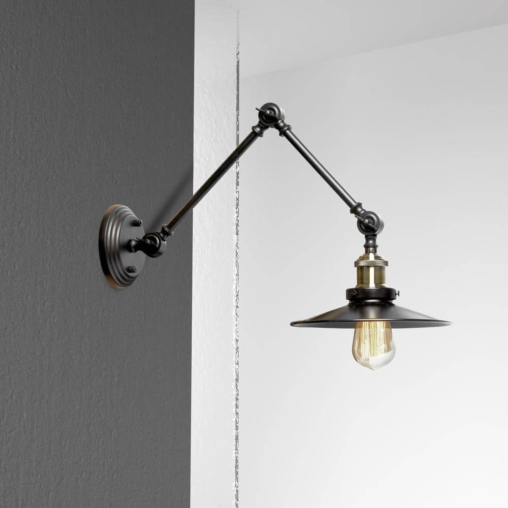 Black Adjustable Swing Arm Wall Lamp with Warehouse Shade