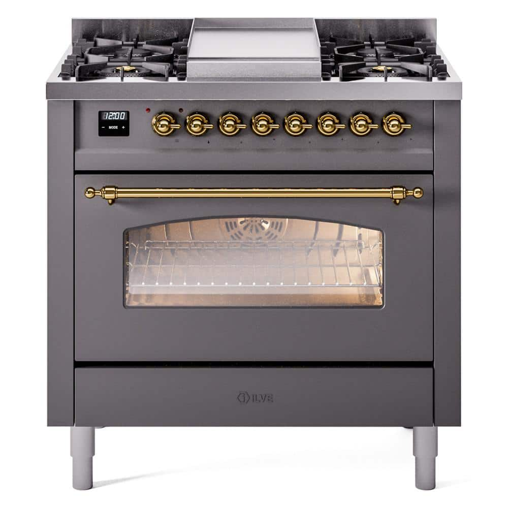 Nostalgie II 36 in. 6 Burner plus Griddle Freestanding Dual Fuel Liquid Propane Range in Graphite Matte with Brass Trim -  ILVE, UP36FNMPMGGLP