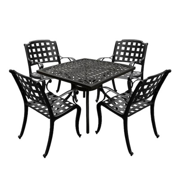 Black 5-Piece Square Aluminum Mesh Outdoor Dining Set with 4-Chairs