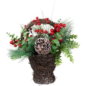 15 in. Eucalyptus Pine and Berry Artificial Christmas Grapevine Basket