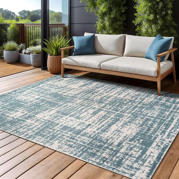 Atlas Teal 6 ft. x 9 ft. Rubber Back Washable Modern Canvas Indoor Outdoor Area Rug