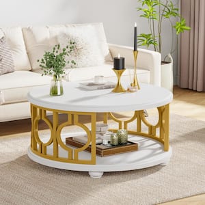 Allan 31.49 in. White Round Engineered Wood Coffee Table Modern Center Table with Storage Shelf for Living Room