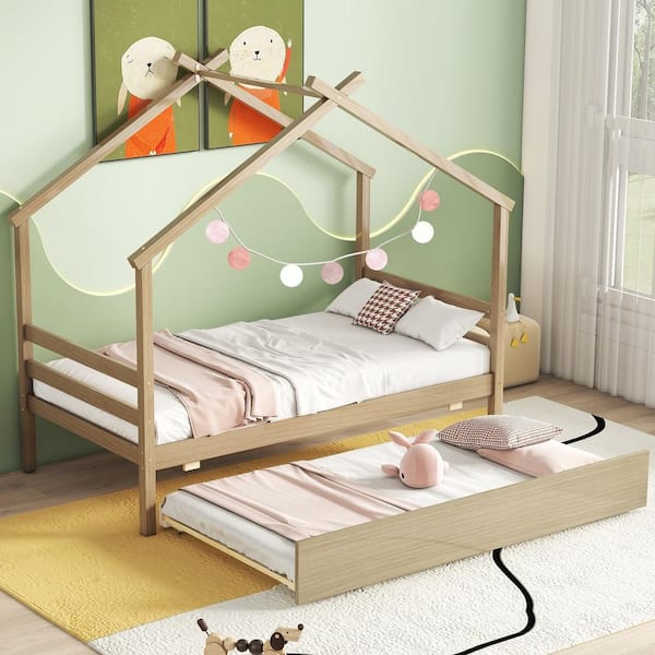 Harper & Bright Designs Natural Wood Frame Twin Size House Platform Bed, Kids Bed with Twin Size Trundle