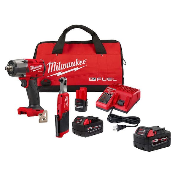 M18 FUEL 18V Cordless Mid Torque 1/2 in. Impact Wrench with M12 FUEL 3/8 in Ratchet Combo Kit with Battery & Charger