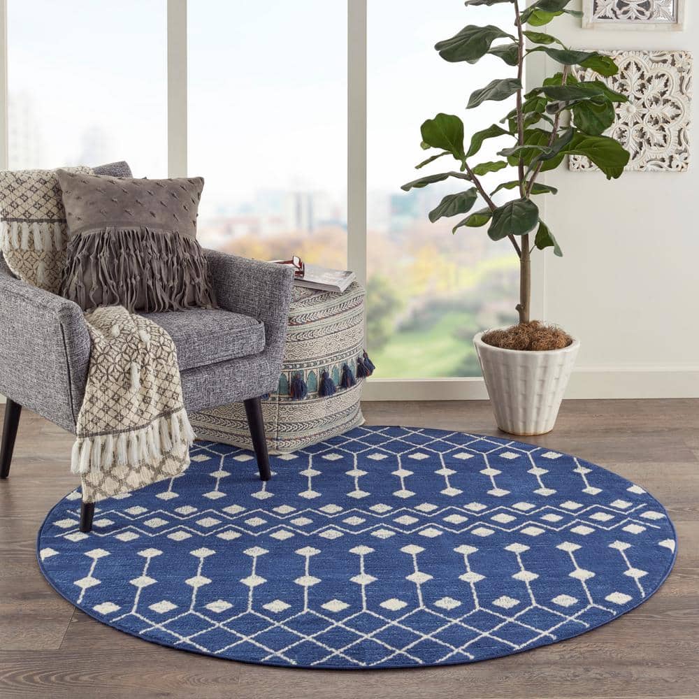 Navy Moroccan Diamond 5'3" Synthetic Round Area Rug
