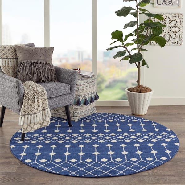 Grafix Navy 5 ft. x 5 ft. Moroccan Boho Round Rug