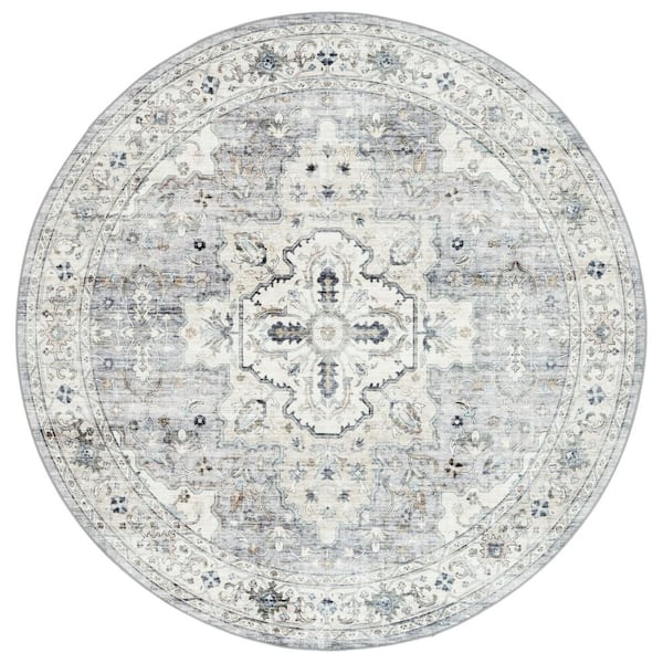 Arizona 8 ft. x 8 ft. Light Gray/Beige Machine Washable Distressed Border Ornate Round Area Rug