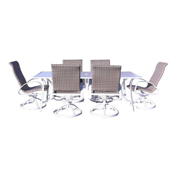 Courtyard Casual Santa Fe 7-Piece Aluminum Outdoor Dining Set in White with 72 in. Rectangle Table and 6 Wicker Swivel Rockers