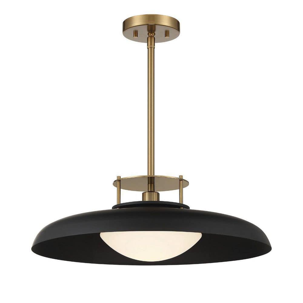 Matte Black and Warm Brass Vintage Pendant Light with Opal Glass Shade