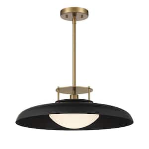 Gavin 20 in. W x 8 in. H 1-Light Matte Black with Warm Brass Accents Statement Pendant Light Frosted Glass Shade