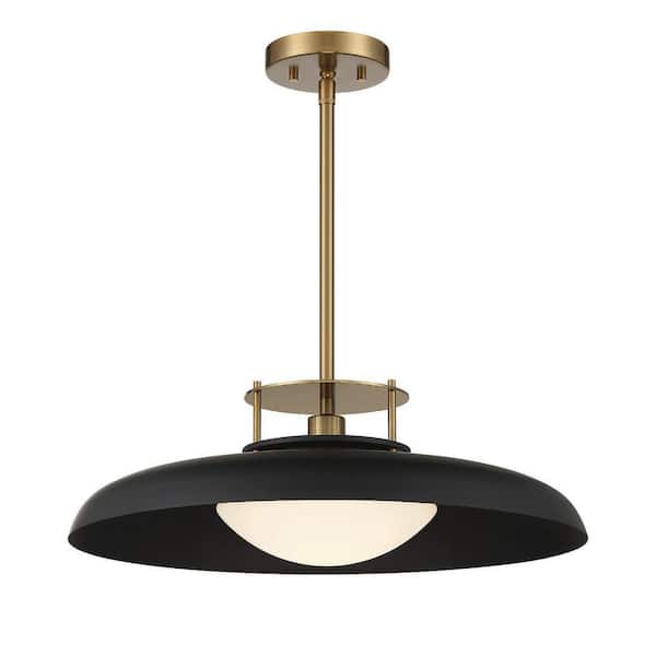 Savoy House Gavin 20 in. W x 8 in. H 1-Light Matte Black with Warm Brass Accents Statement Pendant Light Frosted Glass Shade