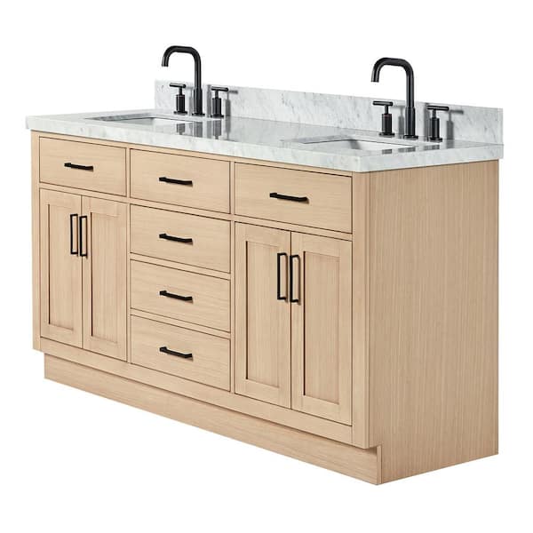 Hepburn 66 in. Double Sink Freestanding Bathroom Vanity in Oak with Carrara White Marble Top