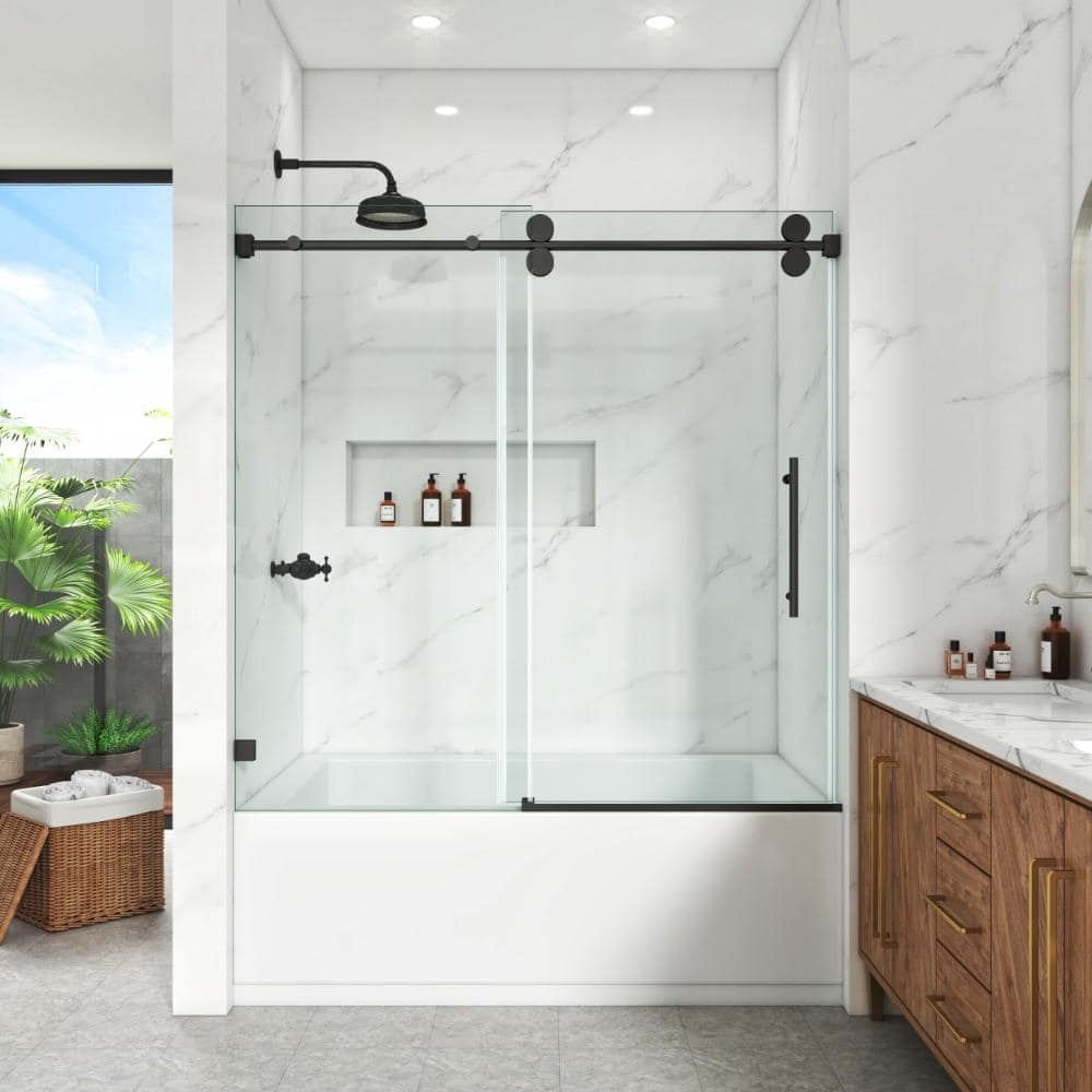 Bathtub Shower Door, 56–60.5 in. W x 66 in. H, Single Sliding Door 3/8 in. Clear Tempered Glass, Matte Black. price history on PriceWatchPro