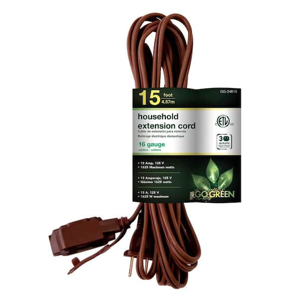 GoGreen Power 15 ft. 16/2 SPT-2 Household Extension Cord - Brown