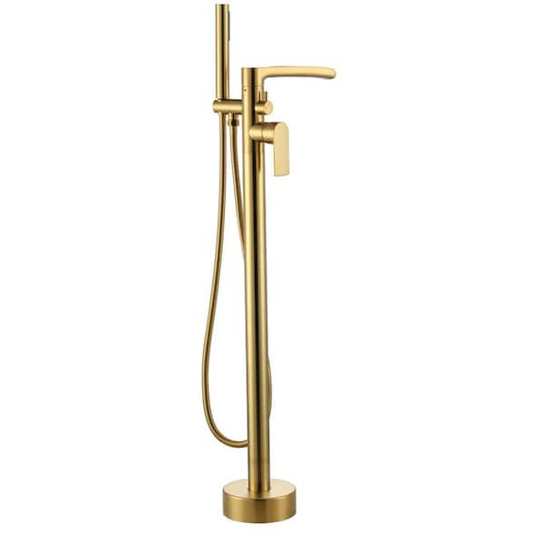 Single-Handle Brass Freestanding Tub Faucet Waterfall Bathtub Filler with Swivel Spout and Hand Shower in Brushed Gold