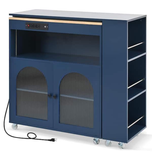 Cesicia Navy Blue Rubberwood 56.3 in. Kitchen Island Cart with Extended Table 2 Fluted Glass Doors and 3 Side Open Shelves